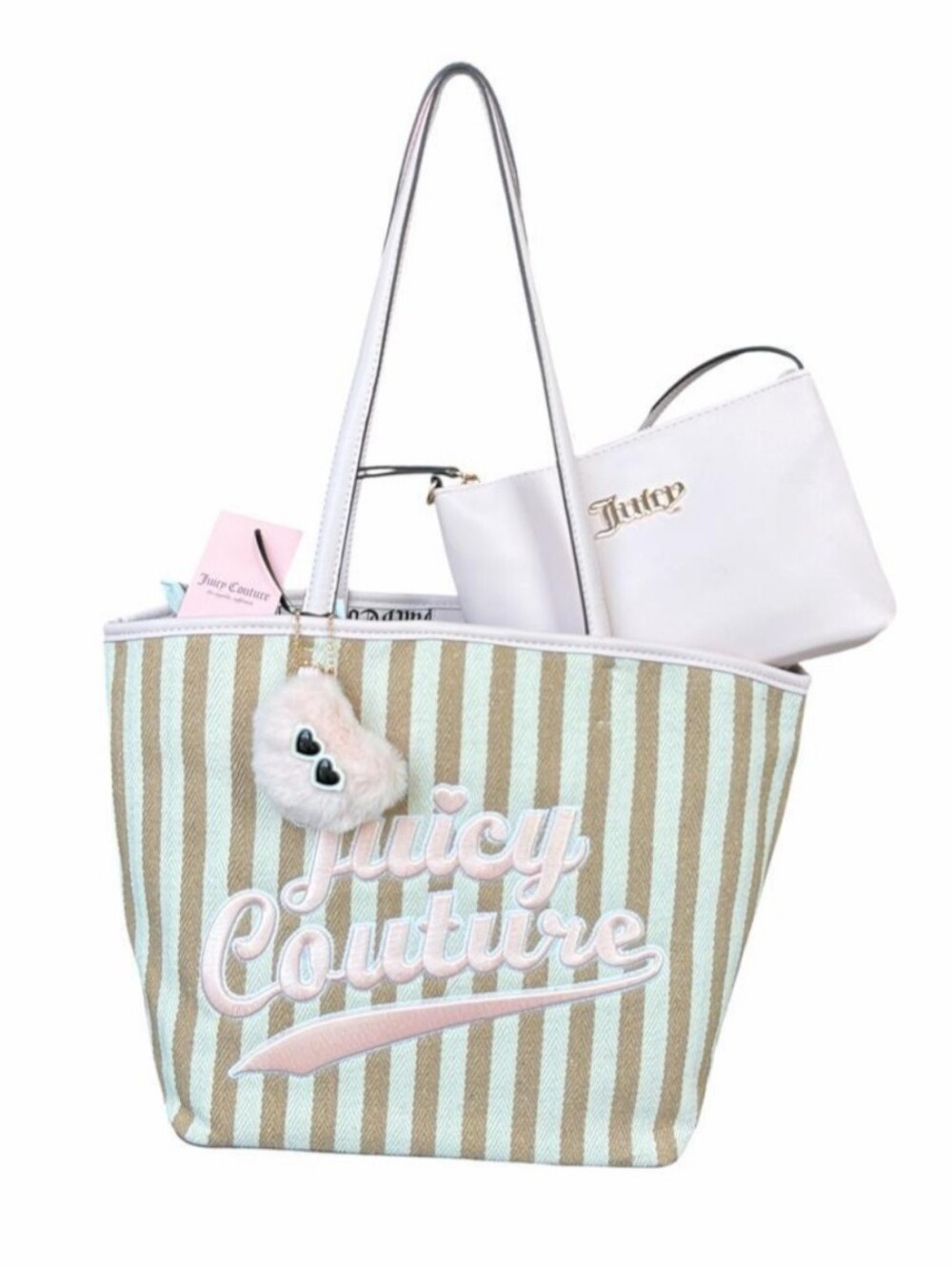 Juicy Couture Pastel Pink & Tan Striped Tote with Removable Pouch